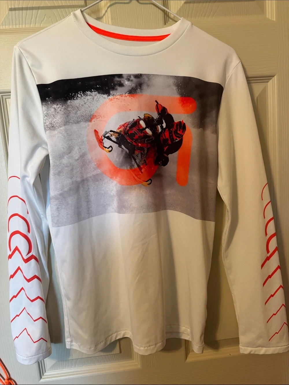 GAP White Long Sleeve Tee with Neon Coral Sleeve Graphics